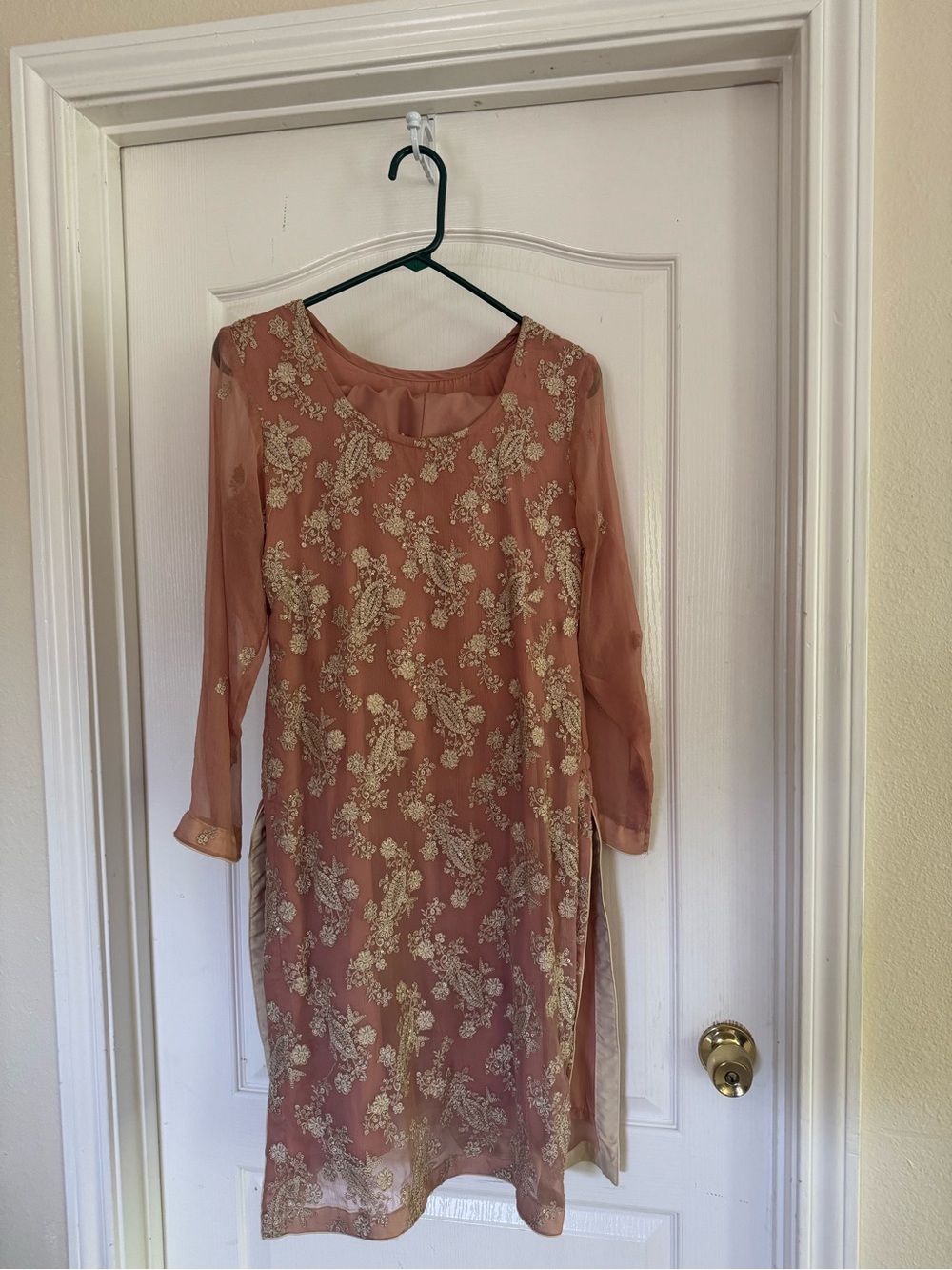 Embroidered Dusty Rose Sheer Sleeve Dress with matching pant